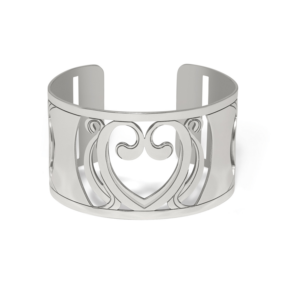 Silver-plated Fashionista One Love Scarf Cuff with an intricate openwork heart design.