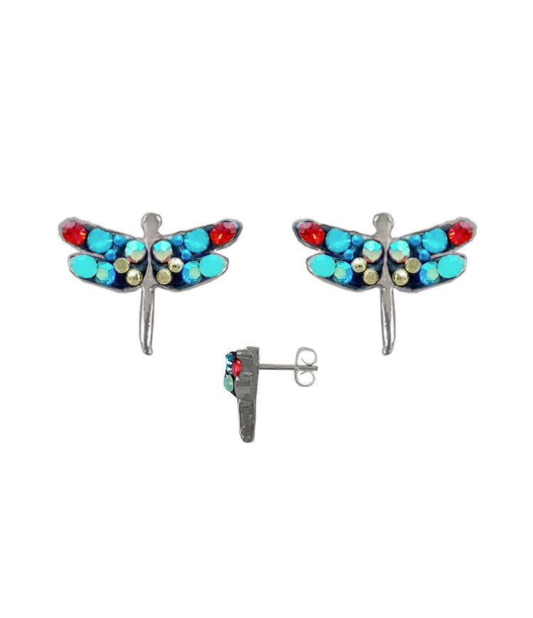 Sterling silver dragonfly post earrings featuring colorful blue, green, and red Austrian crystals.
