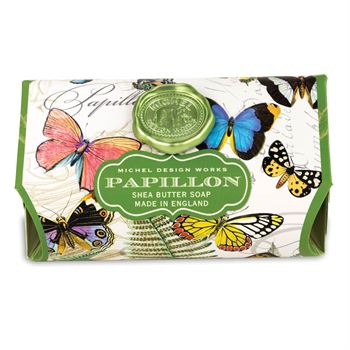 Michel Design Works Papillon shea butter soap bar with a colorful butterfly pattern.