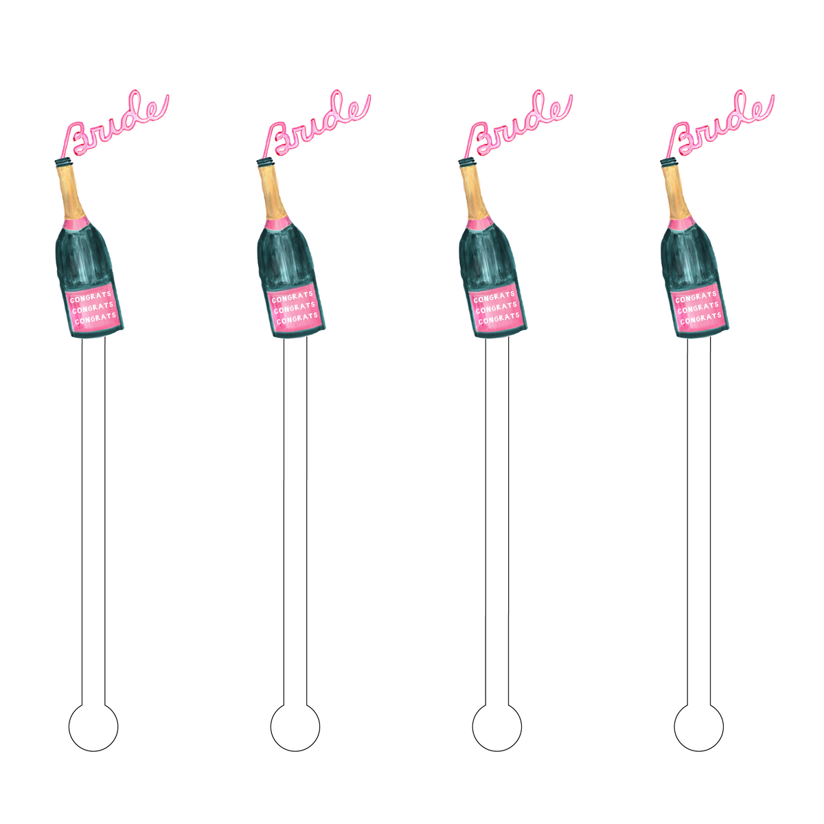 Set of four 6-inch acrylic stir sticks featuring a champagne bottle design with a pink Bride topper.