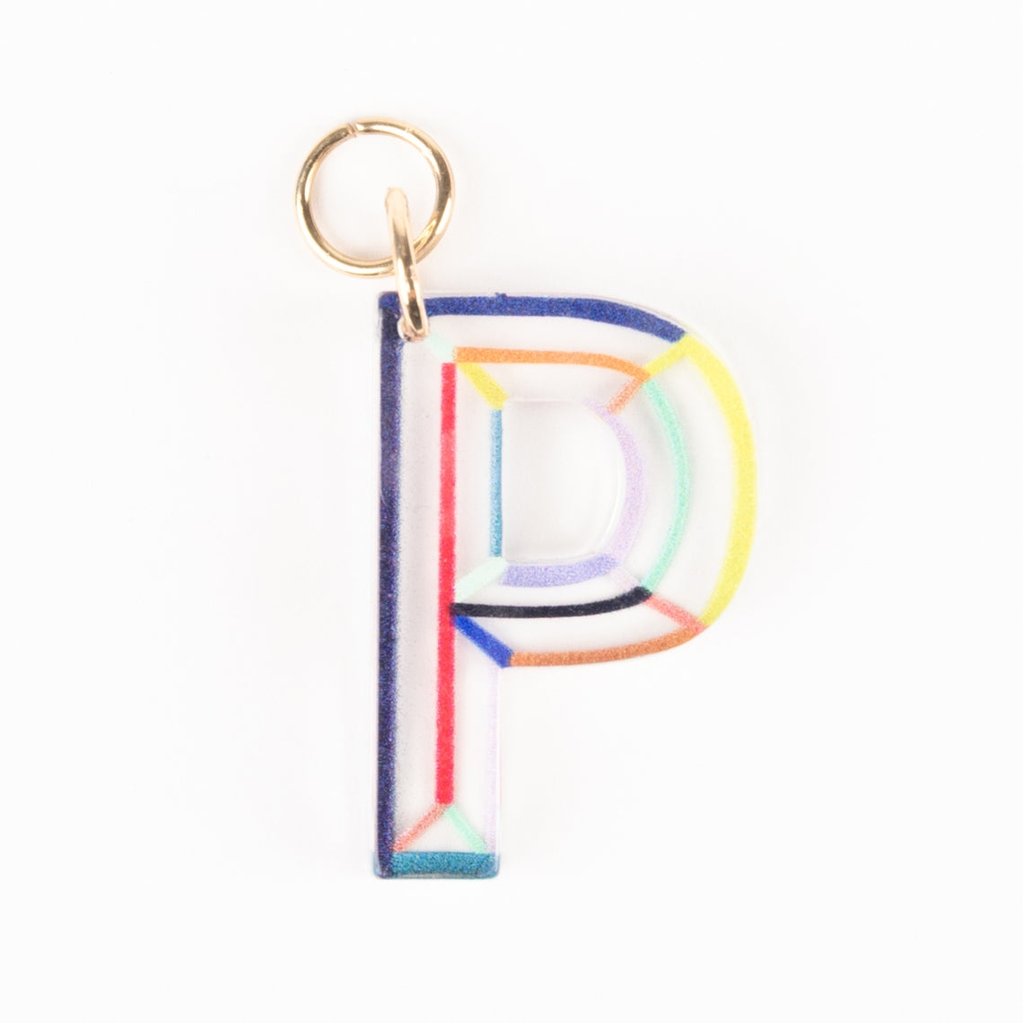Marlow Initial Bag Charm featuring a clear acrylic letter P with colorful geometric line patterns.