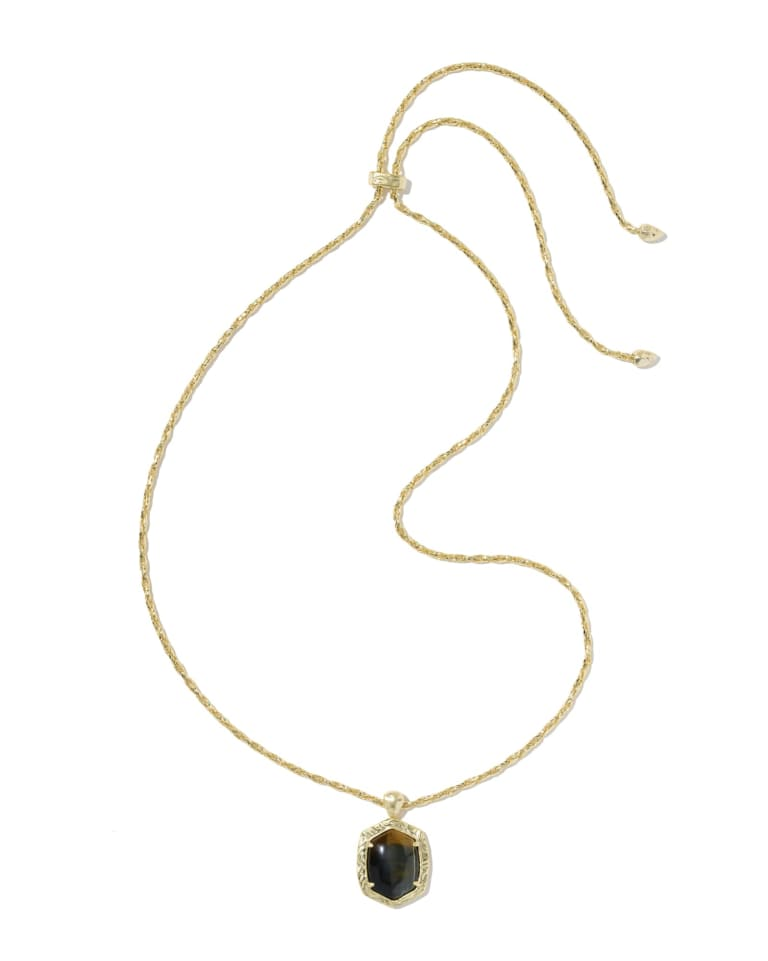 Tiger Striped Daphne Small Long Pendant Gold Necklace with a dark stone and adjustable gold chain.