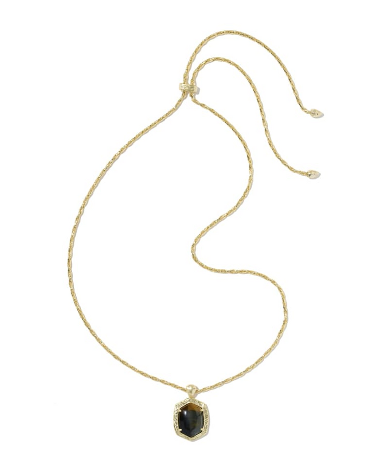 Tiger Striped Daphne Small Long Pendant Gold Necklace with a dark stone and adjustable gold chain.
