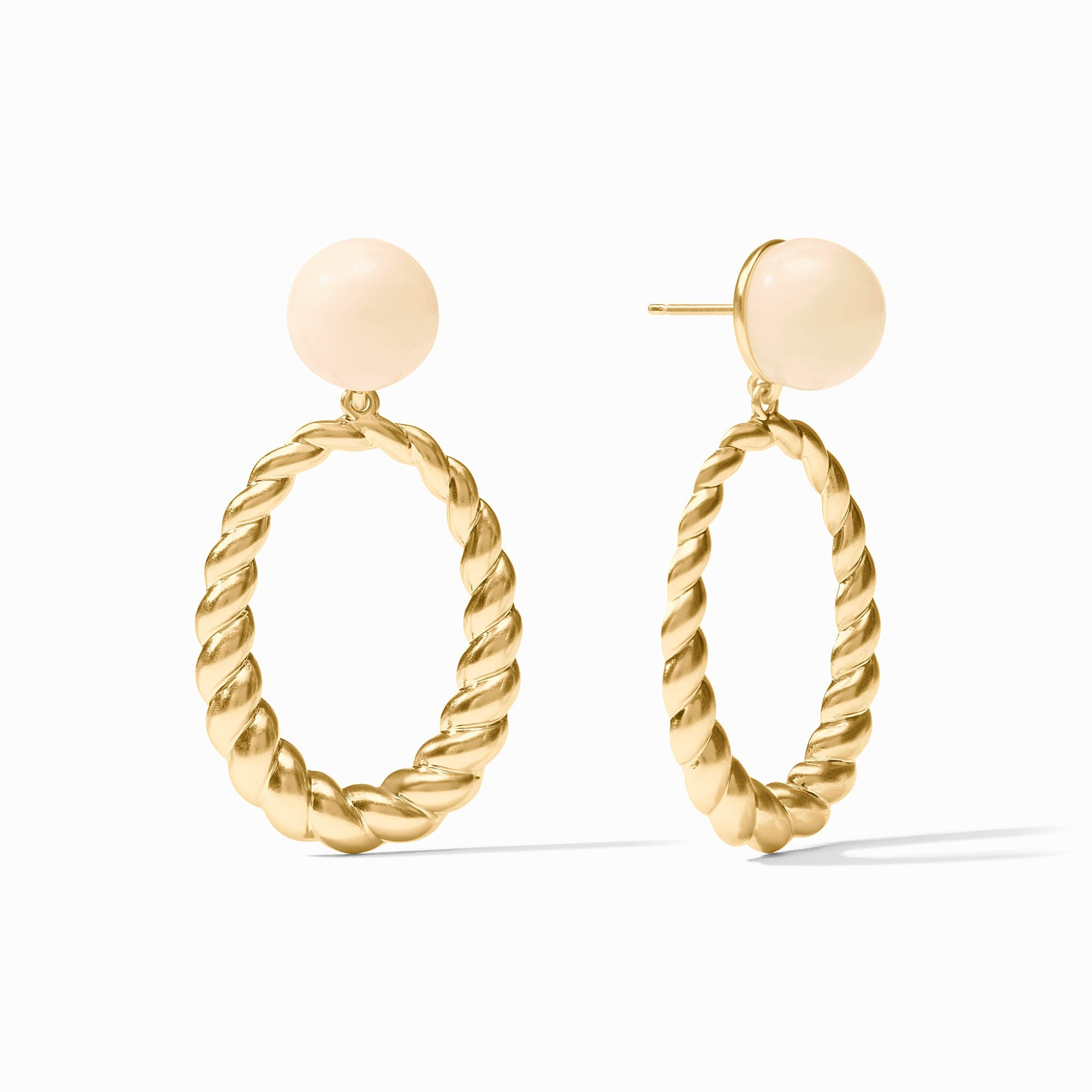 Ravello Statement Earrings in 24K gold plate with resin pearl studs and twisted oval hoops.