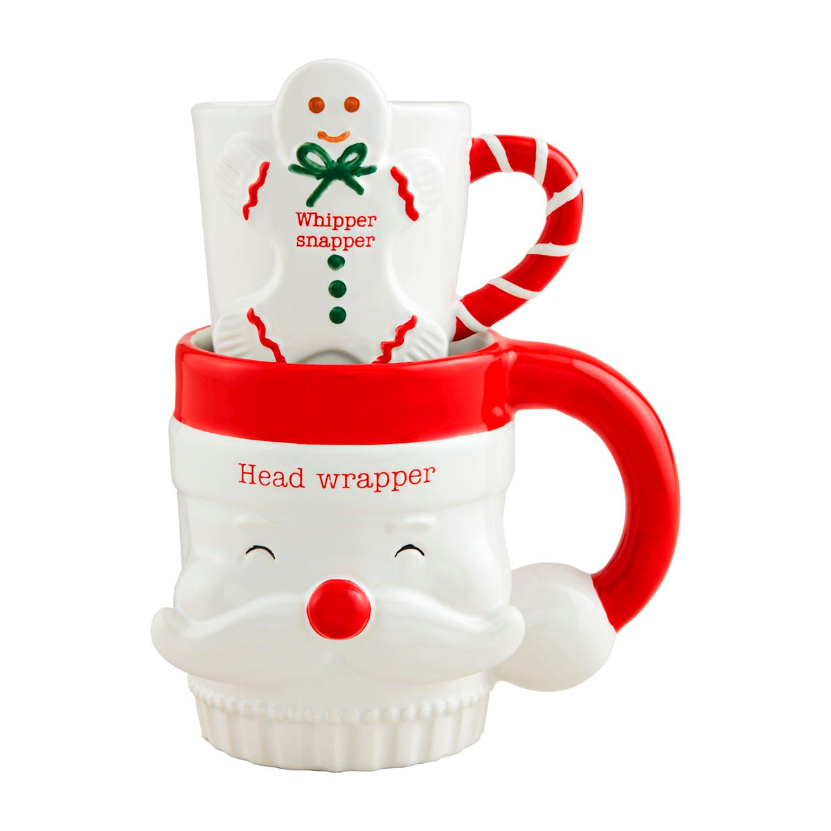 Stacked Christmas mug set featuring a Santa Claus mug and a smaller gingerbread man mug.