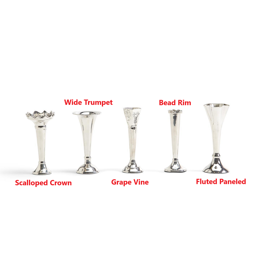 Five silver-plated single stem vases in Scalloped Crown, Wide Trumpet, Grape Vine, and other styles.