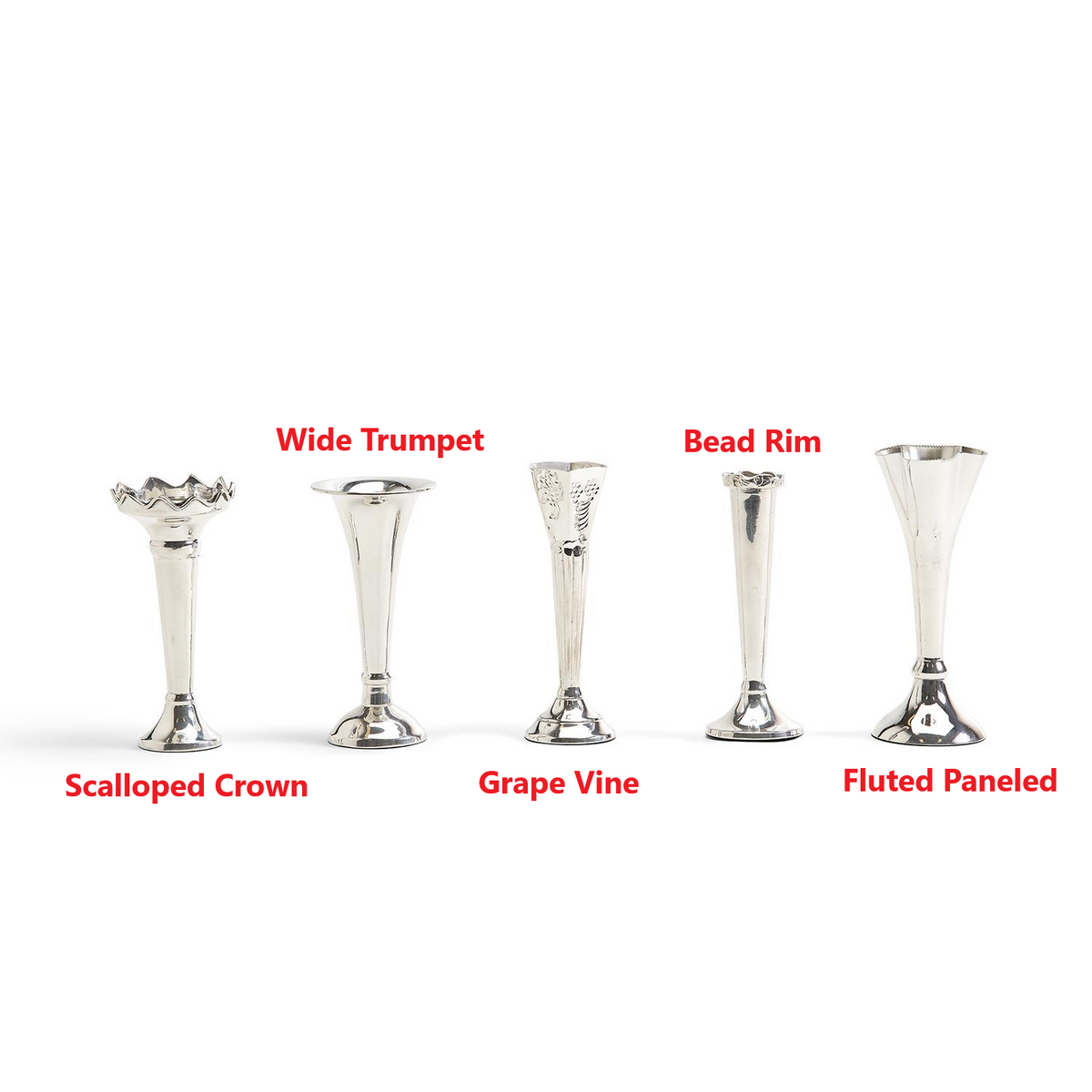 Five silver-plated single stem vases in Scalloped Crown, Wide Trumpet, Grape Vine, and other styles.