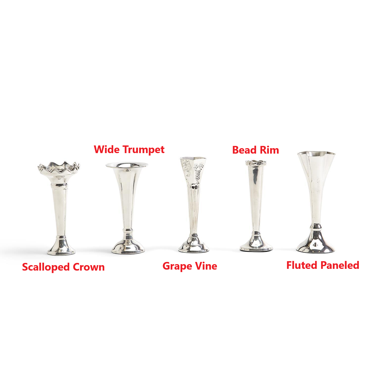 Five silver-plated single stem vases in Scalloped Crown, Wide Trumpet, Grape Vine, and other styles.
