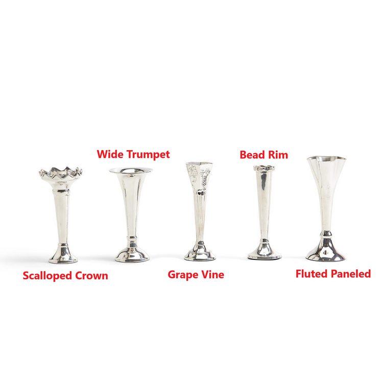 Five silver-plated single stem vases in Scalloped Crown, Wide Trumpet, Grape Vine, and other styles.