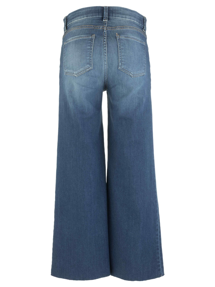 Back view of Meg high-rise wide leg jeans in a medium wash with raw hems and subtle fading.