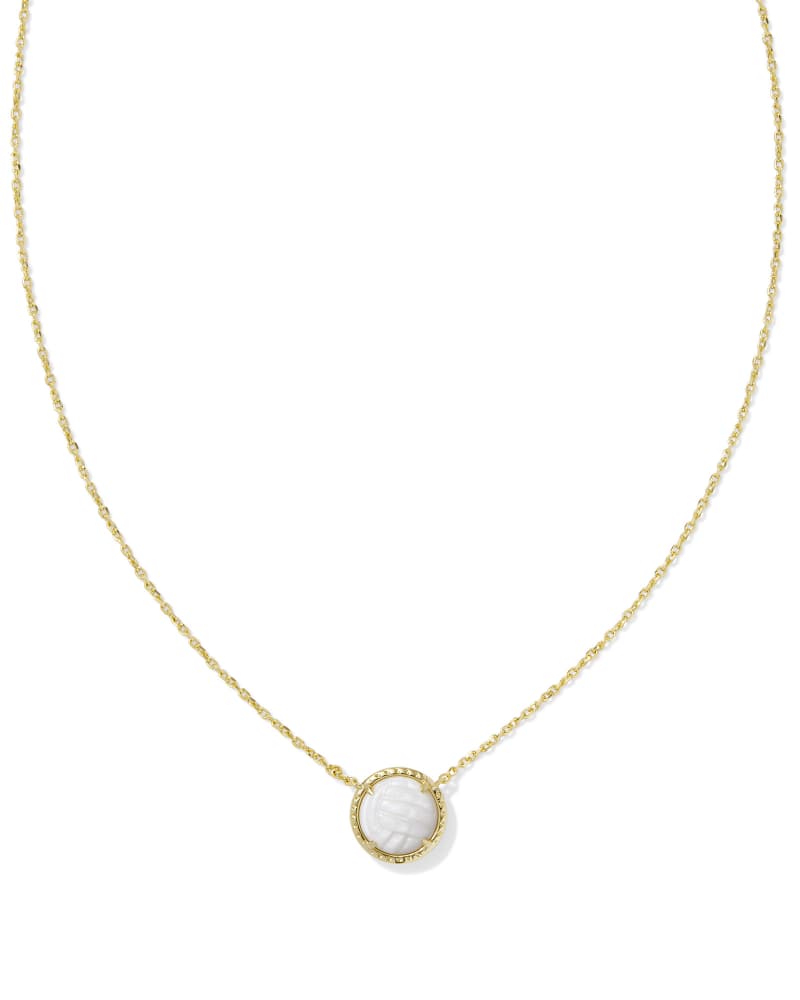 Volleyball short pendant necklace in gold with a round white mother of pearl stone.
