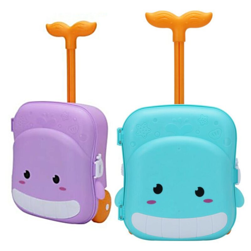 Beach wheelbarrow set with sand molds, shovel, rake, watering can in a carrying case.