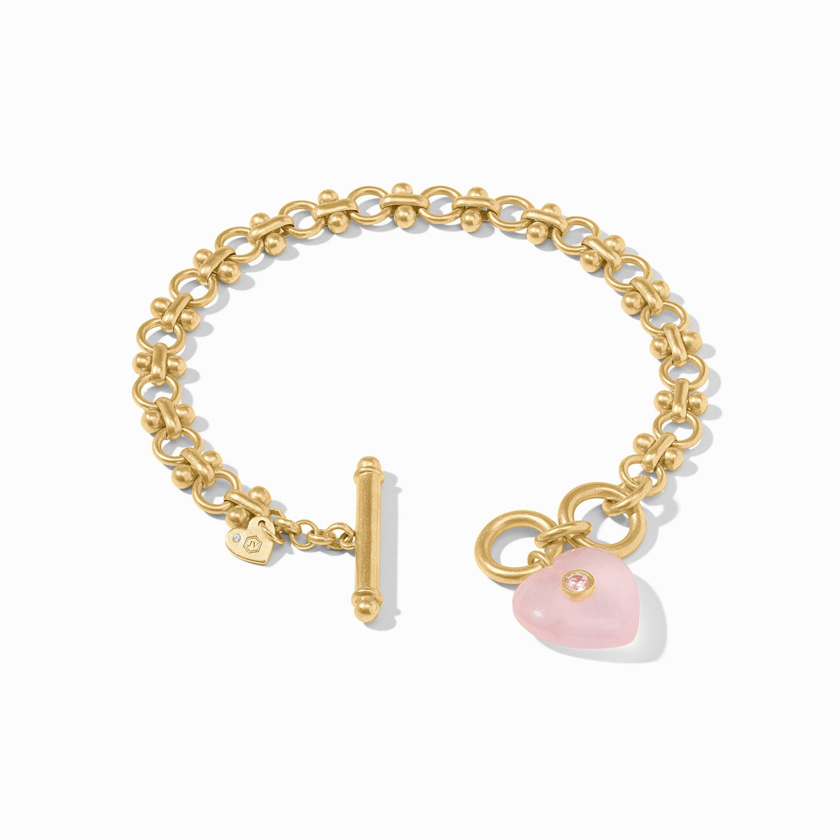 Pink quartz heart link bracelet with gold plating and adjustable toggle clasp