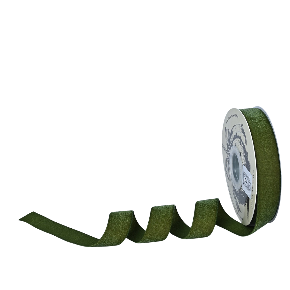 One inch wide olive green velvet finishing ribbon unspooling from a decorative white spool.