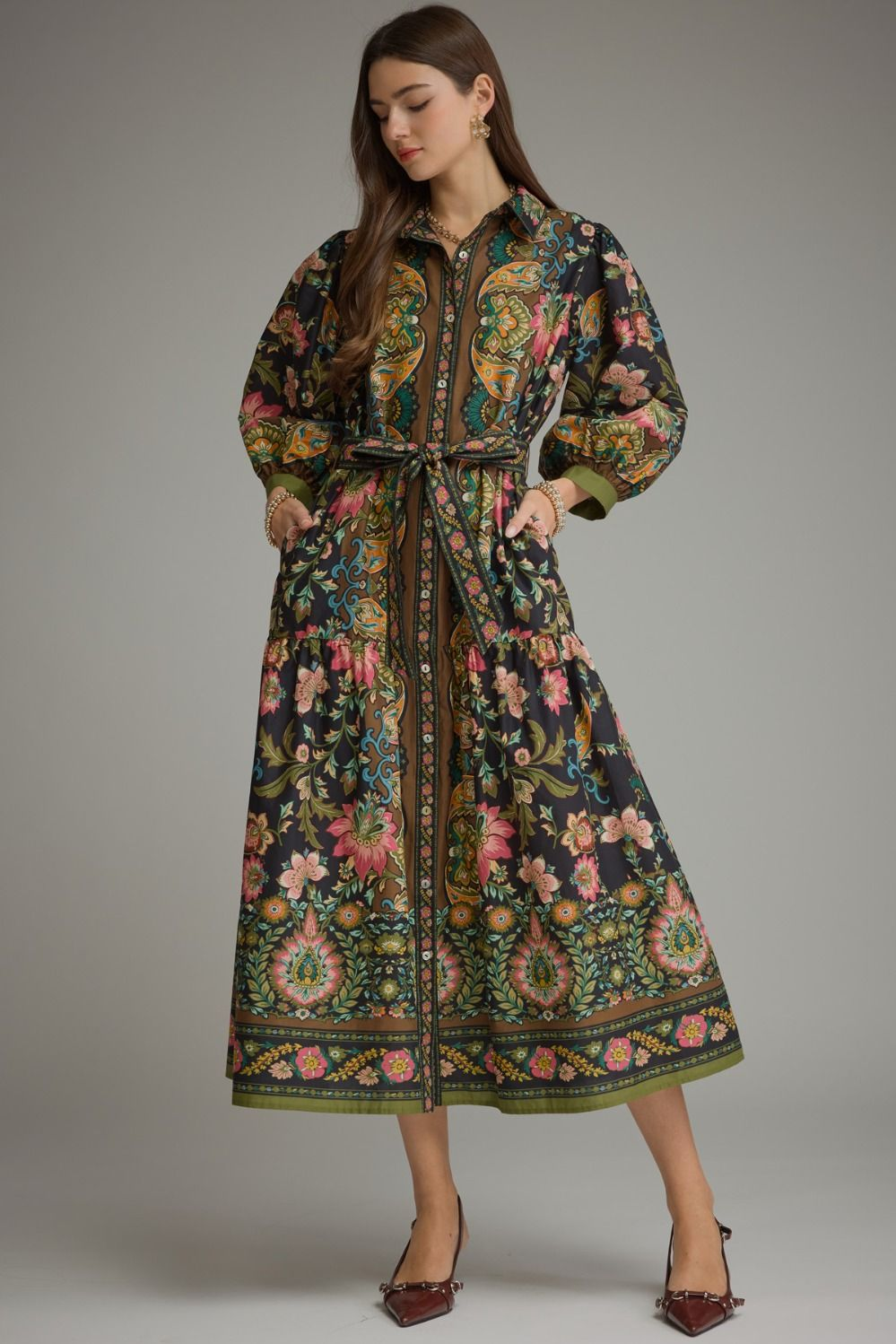Chloe Printed ¾ Balloon Sleeve Midi Dress with a floral pattern, shirt collar, and waist tie.