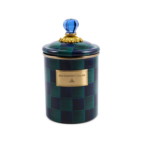 Juniper Check Medium Canister with hand-painted green and blue checks and a blue glass finial lid.