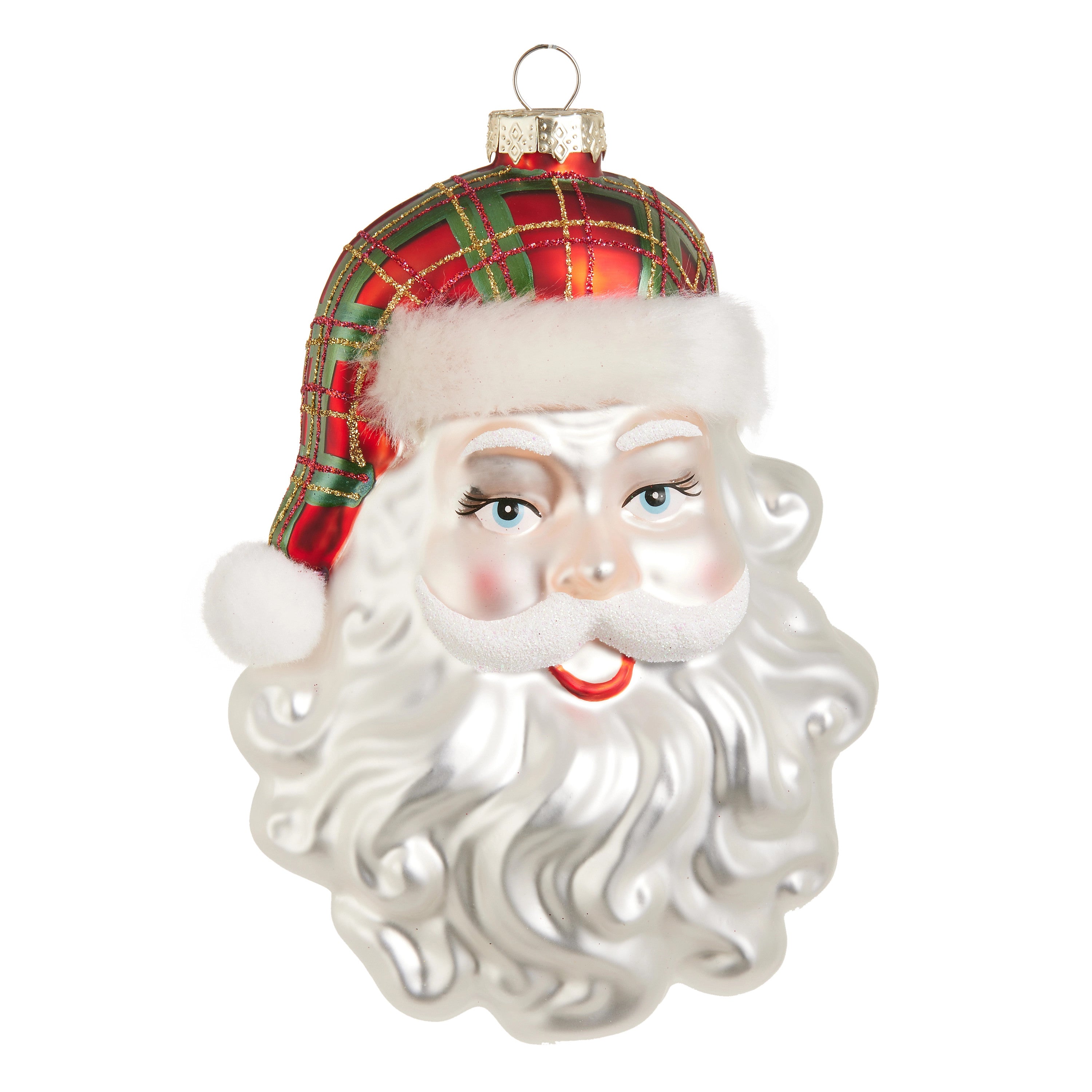 6.5-inch glass Santa head ornament with a red and green plaid hat and white glittery beard.