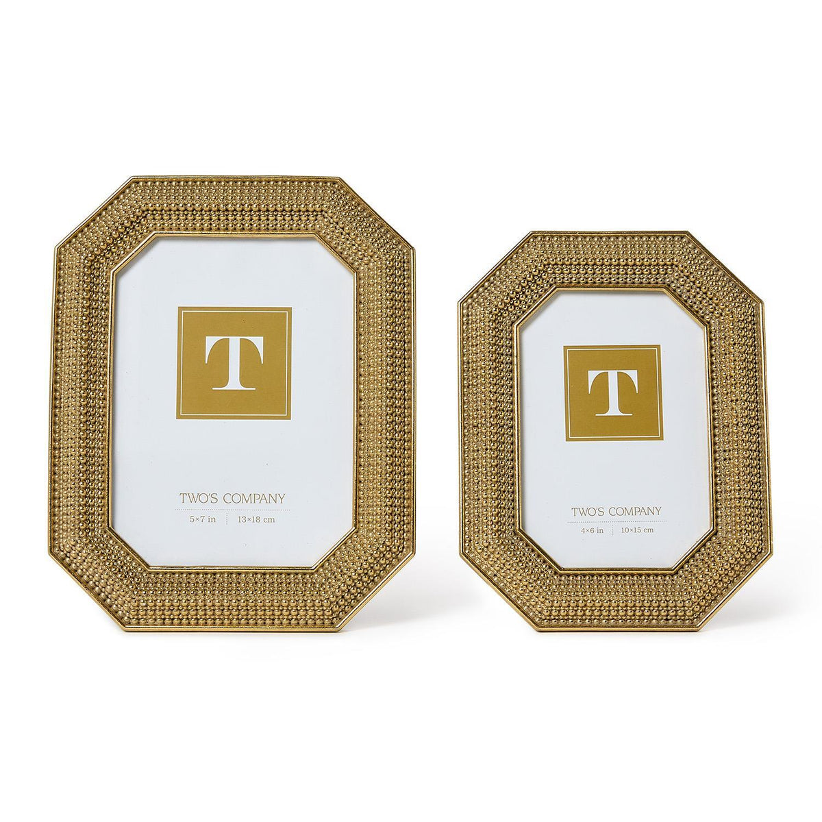Two gold beaded octagonal photo frames in 5x7 and 4x6 sizes standing on a white surface.