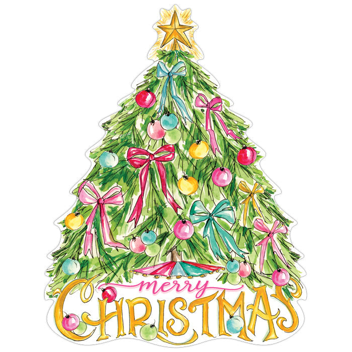 Die-cut paper placemat shaped like a decorated Christmas tree with ornaments and bows.
