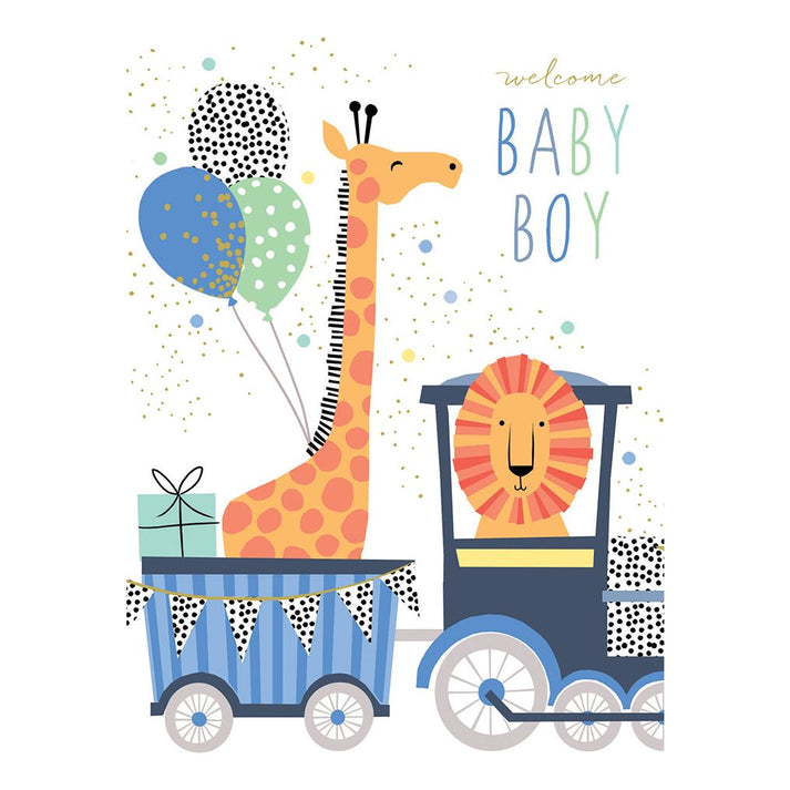 Sara Miller baby boy train featuring a giraffe and lion pattern with glitter finish on white fabric.