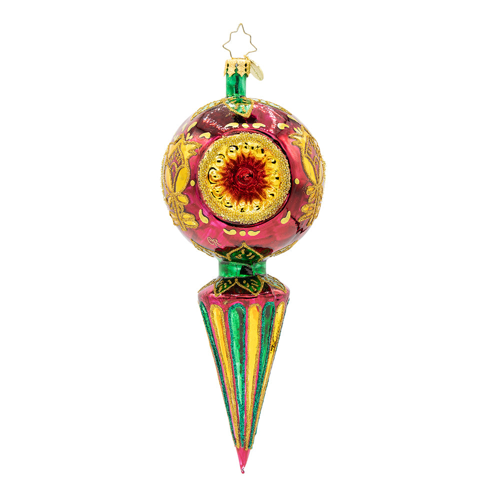 Golden Fluted Spire glass ornament with red, green, and gold hand-painted floral folk designs.