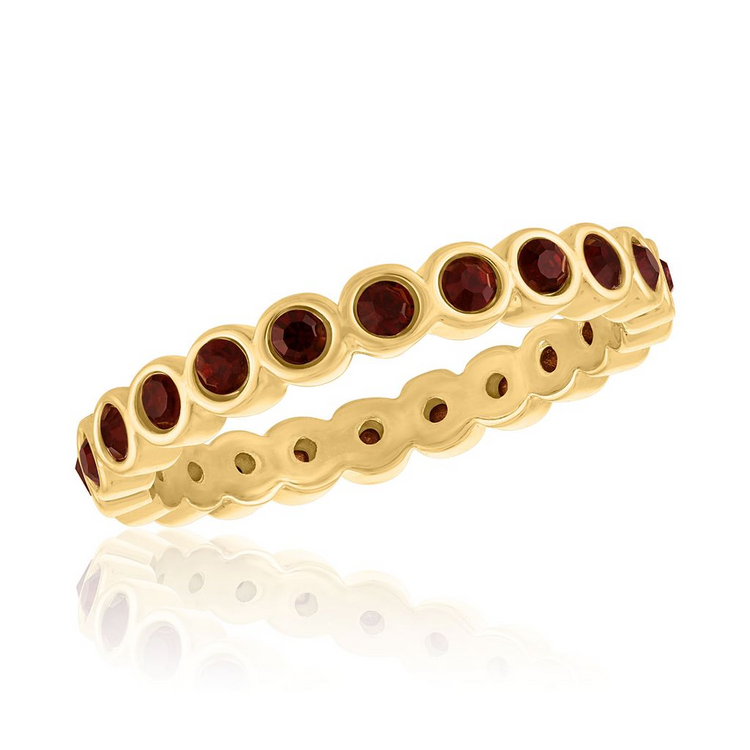 Burgundy Infinity Gold Layers Ring with round-cut burgundy stones in a gold-tone bezel setting.