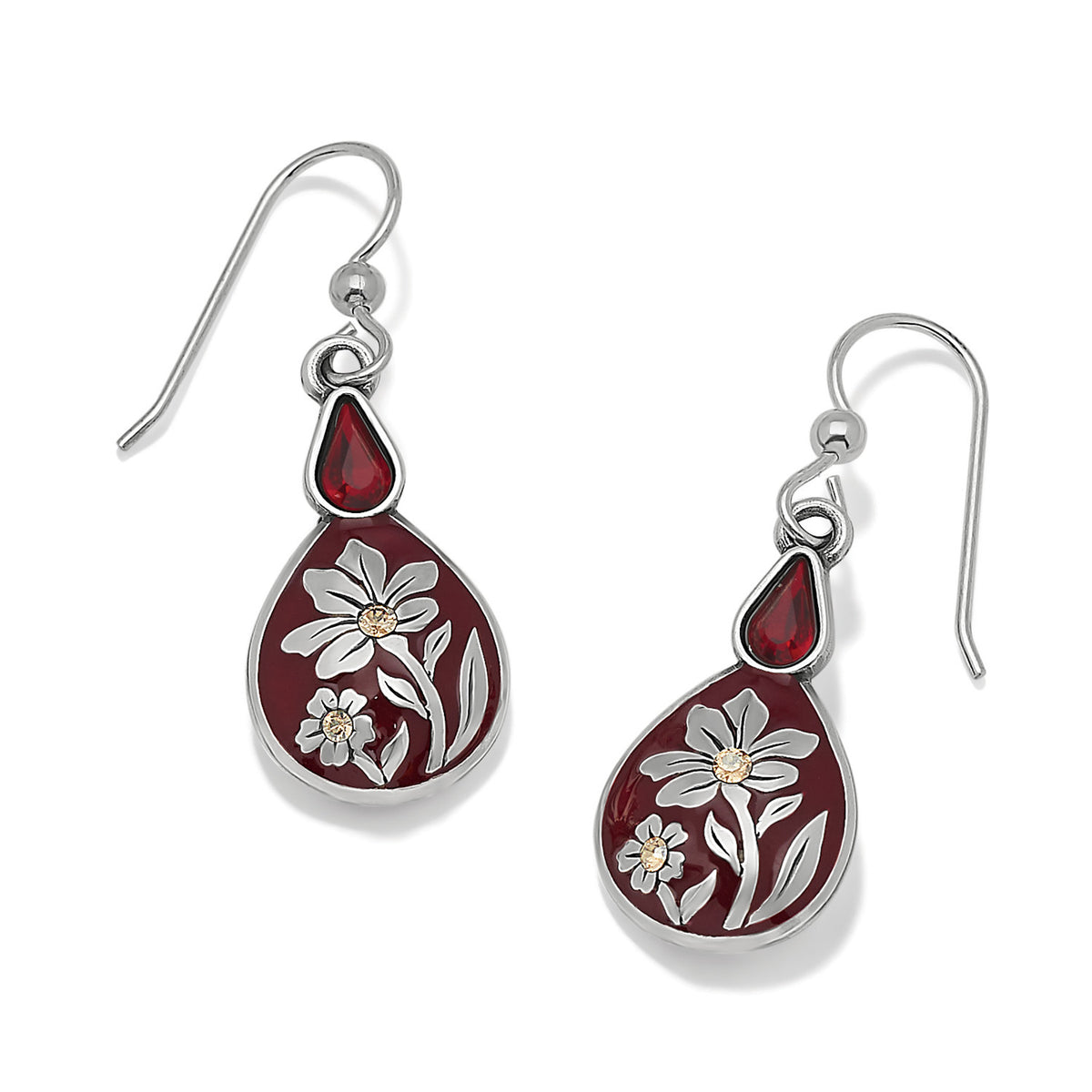 Everbloom Flora silver-plated French wire earrings with red enamel and floral crystal details.