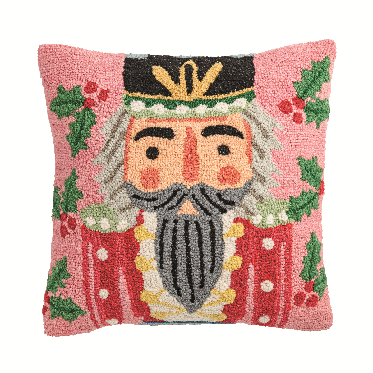 Two hooked wool nutcracker pillows with a red face, black hat, and white beard on a neutral background.