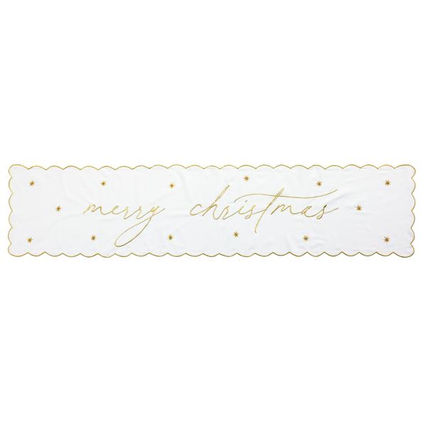 White cotton table runner with gold 'Merry Christmas' embroidery and scalloped edges.