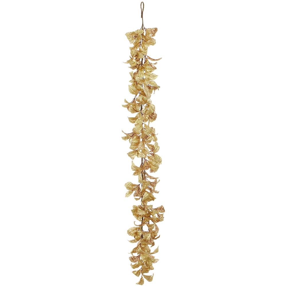 6-foot metallic gold magnolia leaf garland with fabric leaves on a flexible stem.