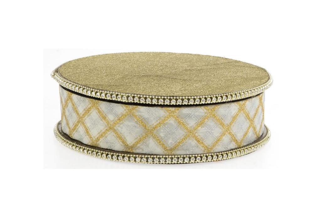10.25-inch diameter rotating base with gold glitter top and silver and gold diamond pattern sides.