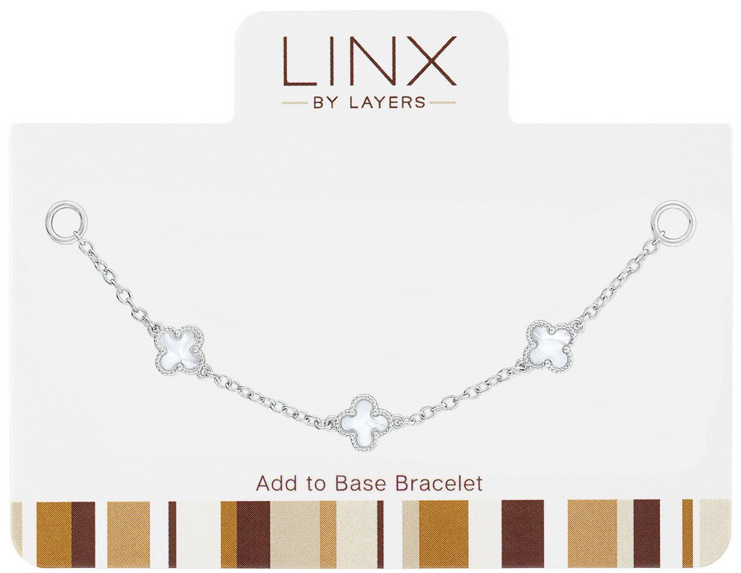Silver LINX add-on chain with three white mother-of-pearl quatrefoil charms.