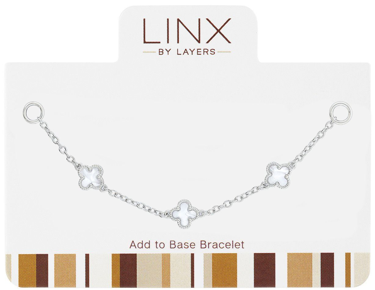 Silver LINX add-on chain with three white mother-of-pearl quatrefoil charms.