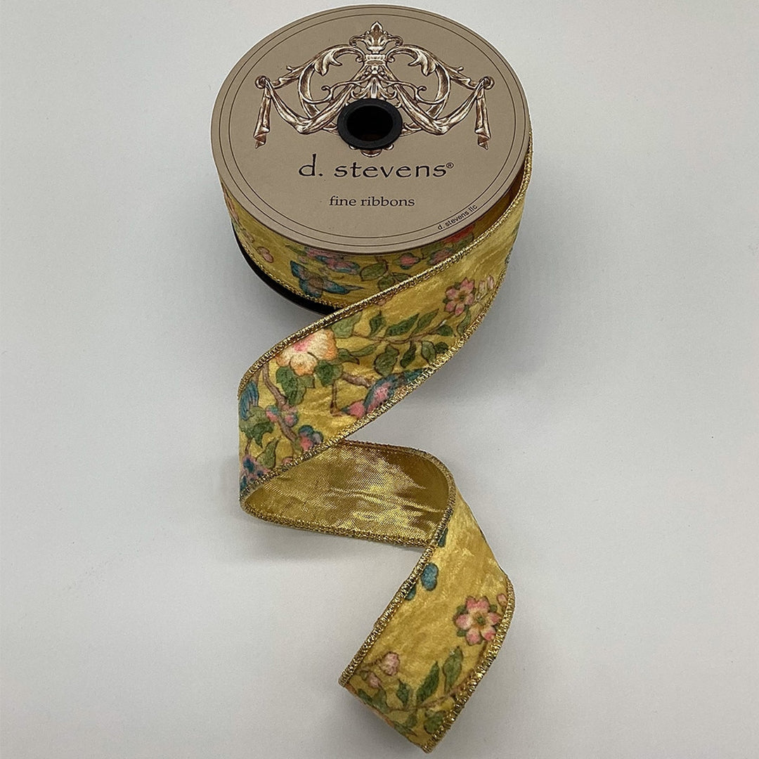 Satin Floral and Bird Gold Back Ribbon