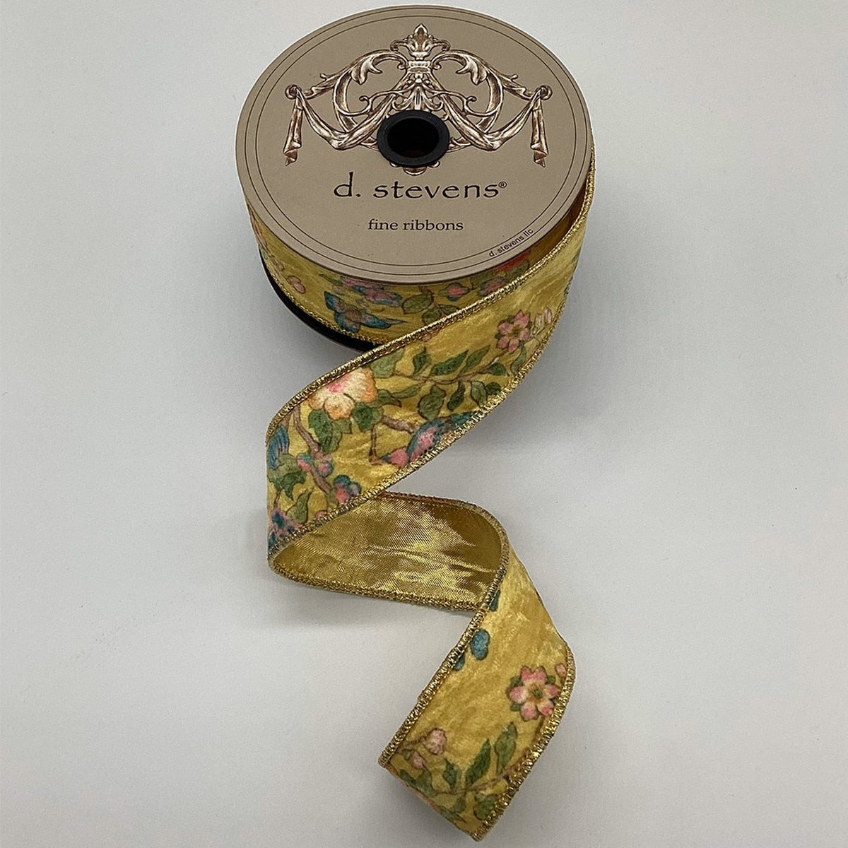 Satin ribbon with floral and bird motifs on a gold reverse side