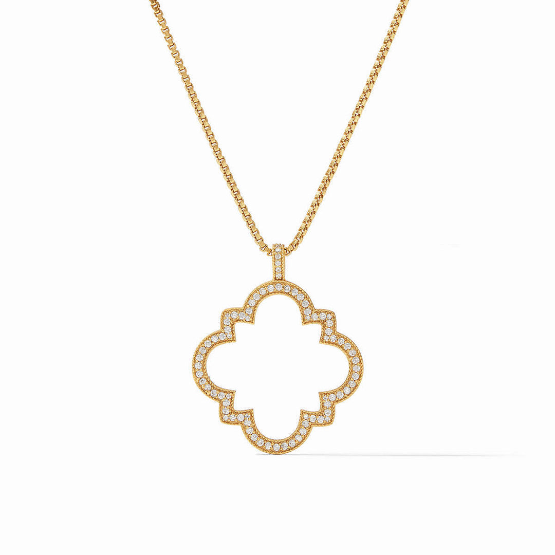 Odette Pendant necklace in 24K gold plate with a clover-shaped cubic zirconia open frame.