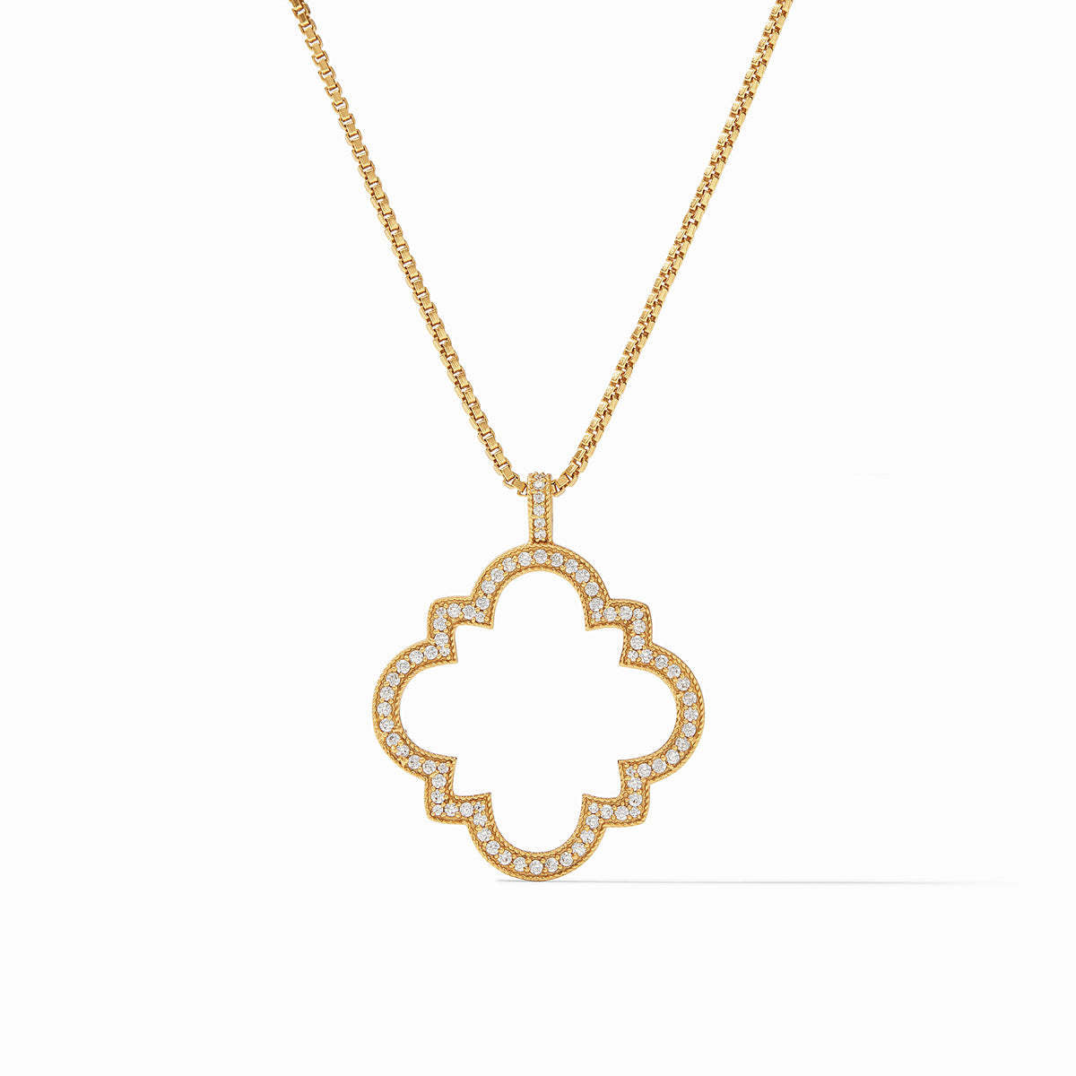 Odette Pendant necklace in 24K gold plate with a clover-shaped cubic zirconia open frame.
