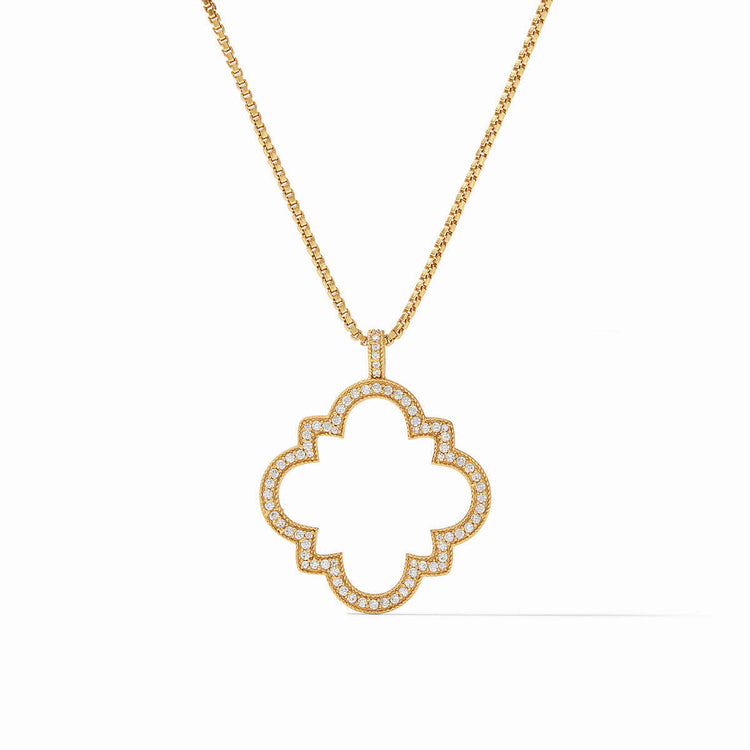 Odette Pendant necklace in 24K gold plate with a clover-shaped cubic zirconia open frame.