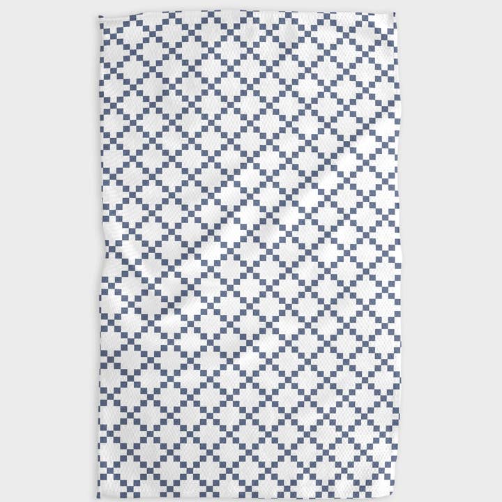 Recycled polyester waffle weave kitchen tea towel with single-sided print.