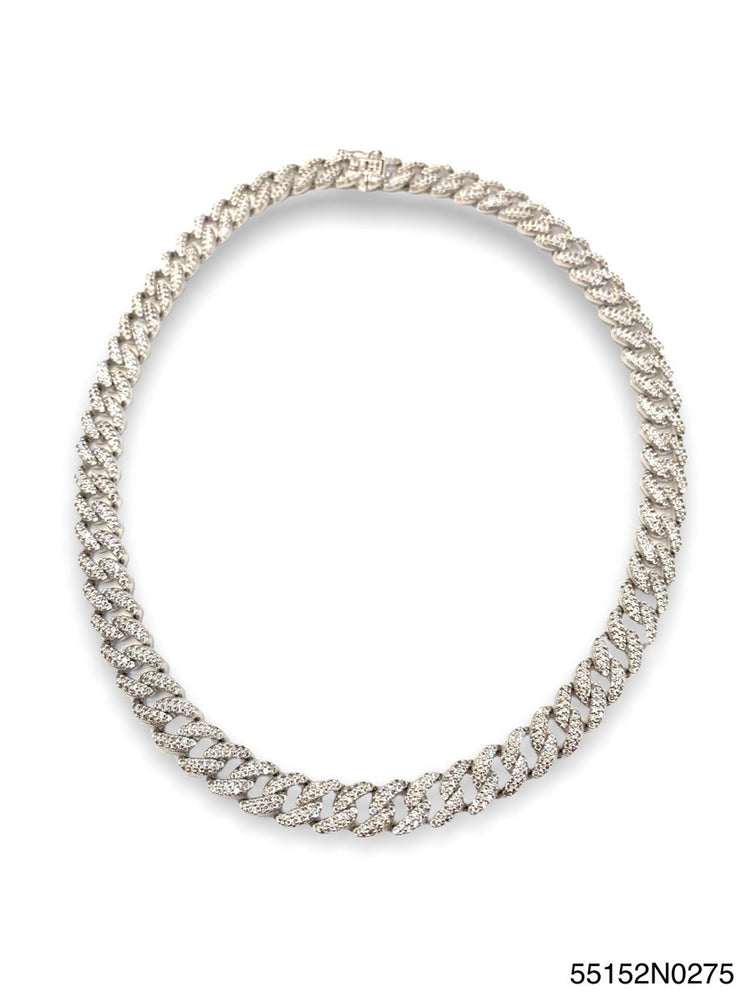 Silver curb link necklace with pave-set stones and a clasp closure.