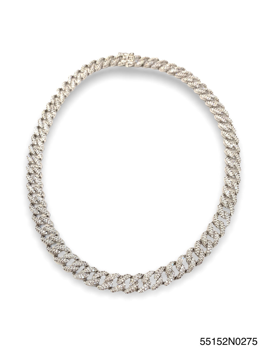 Silver curb link necklace with pave-set stones and a clasp closure.