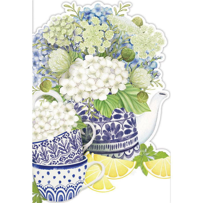 Birthday Hydrangea teapot set with glitter foil accents on blue floral pattern