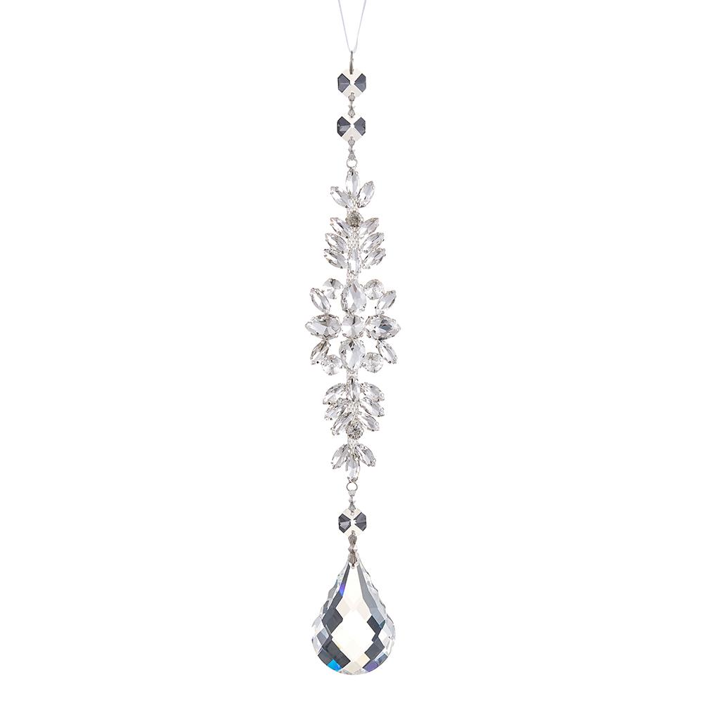 12-inch clear and silver diamond crystal drop ornament with faceted glass and acrylic accents.