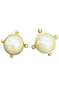 Gold-tone stud earrings with round mother of pearl centers and four compass-point metal beads.