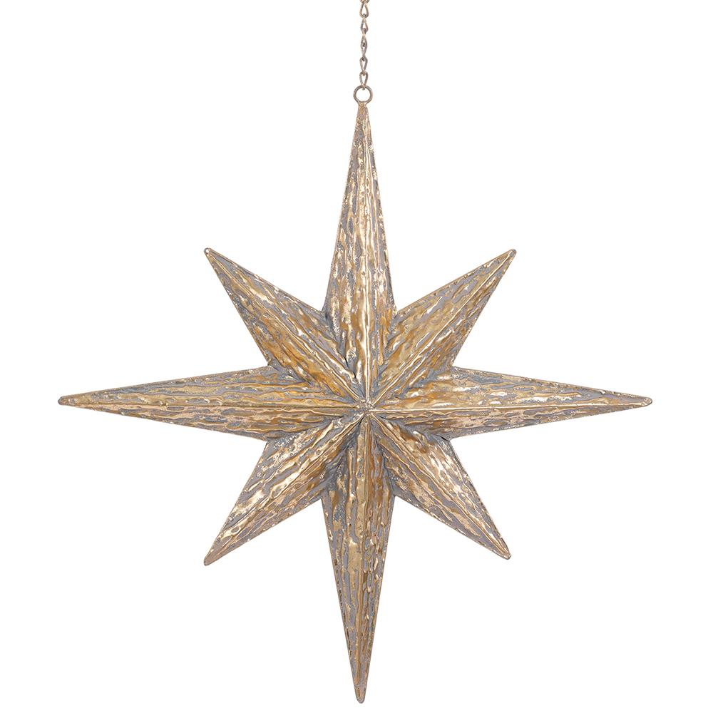 20.5 inch gold metal Star of Bethlehem ornament with a textured finish and hanging chain.