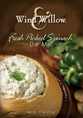 White jar labeled Fresh Picked Spinach Dip Mix with preparation instructions.