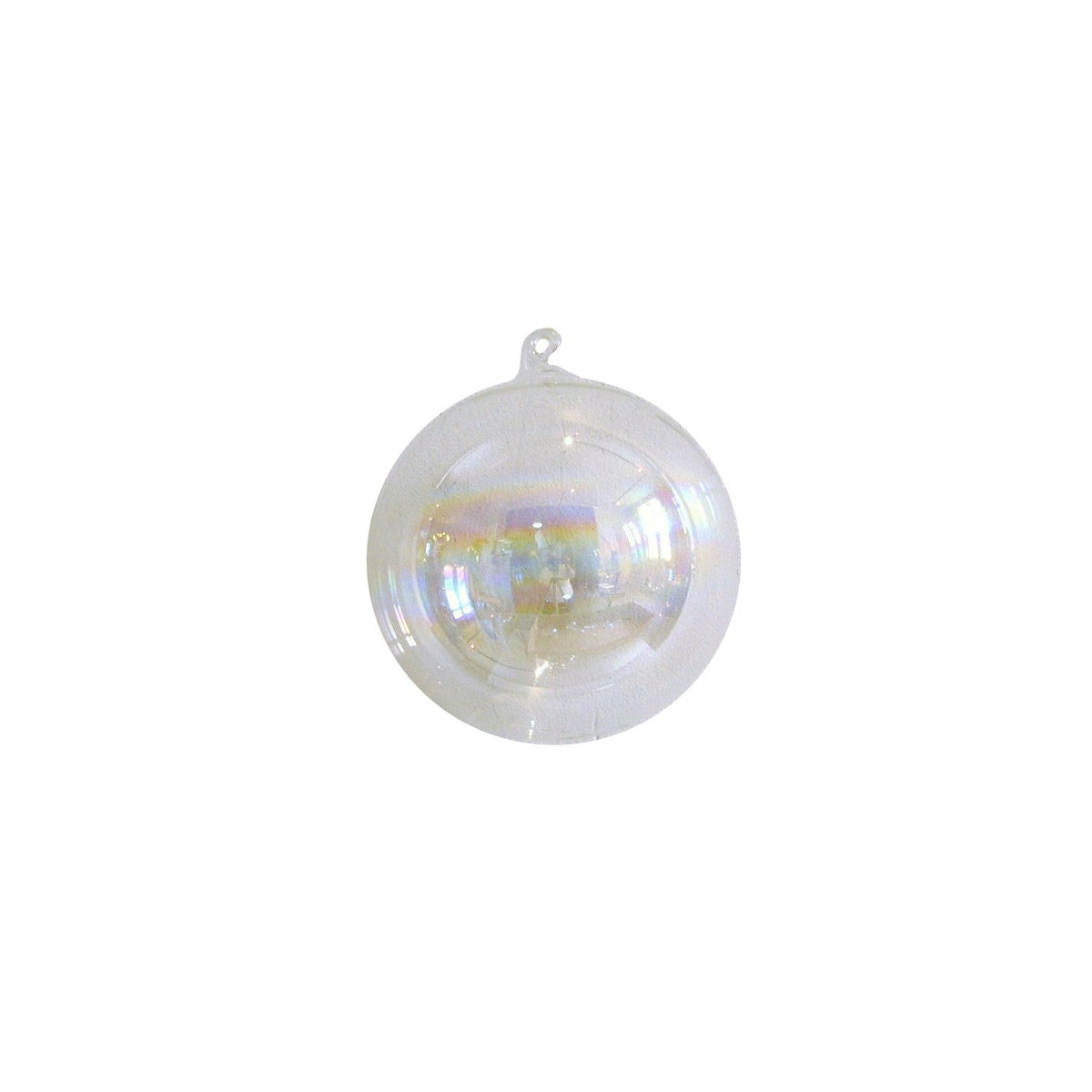 150mm clear iridescent glass ball ornament with a glass hanging hook.