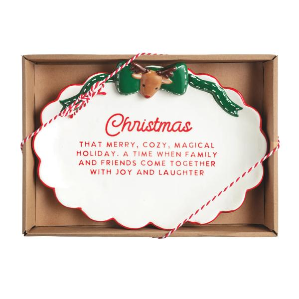 Ceramic Christmas Bow Sentiment Tray with a reindeer bow and festive holiday message in a gift box.