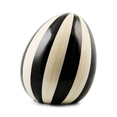 Medium egg-shaped resin planter in Courtly Stripe blue and white pattern with a classic silhouette.