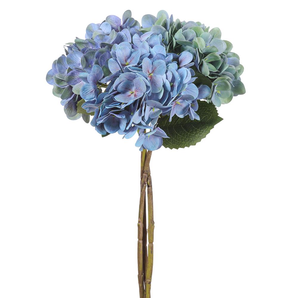 Three-stem hydrangea bundle with realistic green foliage in a clear vase.